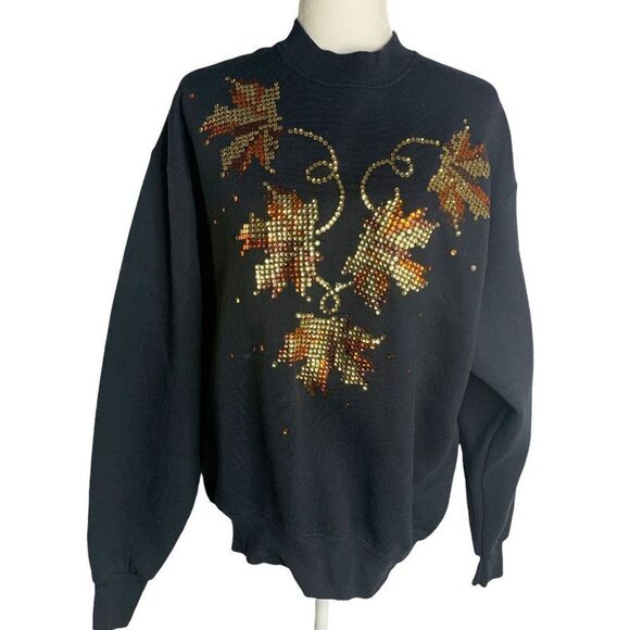 Vintage Sequin Pullover Crewneck Sweatshirt L Black Fleece Autumn Leaves Fall - Picture 2 of 6